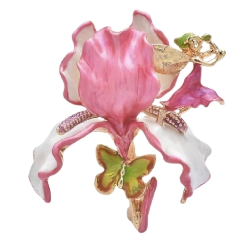 New! Pink Iris Flower Brooch Pin with Butterfly & Fairy Accent •